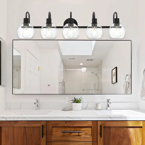 Miniatura 5 de Accesorios de iluminación de tocador de baño negros de 5 luces sobre espejo, iluminación moderna de pared con apliques de vidrio esmerilado