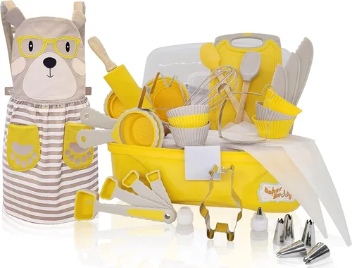Juego de hornear para niños de 35 piezas con delantal de oso de peluche, cuchillos aptos para niños, cortadores de galletas, rodillo, tabla de