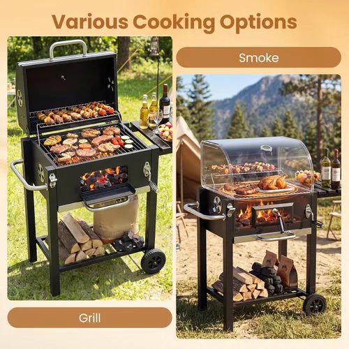 Miniatura 6 de Giantex Parrilla de carbón con estante lateral plegable, parrilla de barbacoa al aire libre con bandeja de carbón ajustable, termómetro, estantes