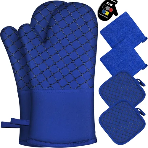 Miniatura 12 de 6 guantes de horno y soportes para ollas, resistentes al calor de 500 ℉ con toallas de cocina, forro de algodón suave y superficie de silicona Gris