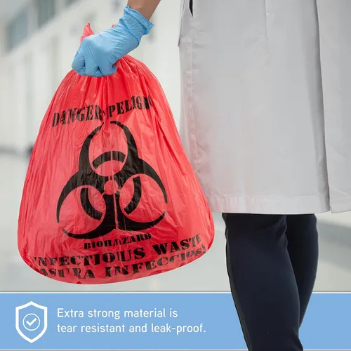 Miniatura 5 de Trashanium Bolsas de residuos de riesgo biológico, 10 galones, 100 unidades, rojas, sin fugas, grado médico, eliminación segura de residuos