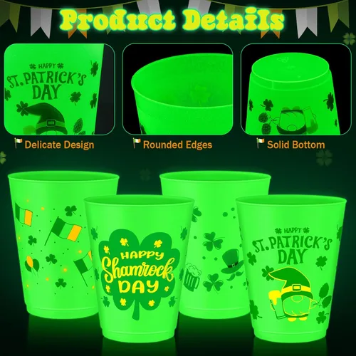 Miniatura 6 de 24 tazas de decoración de fiesta del Día de San Patricio que brillan en la oscuridad, vasos de plástico esmerilado de 16 onzas, vaso reutilizable