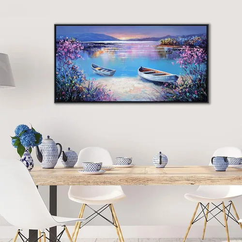 Miniatura 3 de YCPRIMER Gran Arte de Pared de Paisaje para Sala de Estar, Lienzo de Decoración de Pared con Flores, Arte de Decoración en Azul y Morado, Cuadro