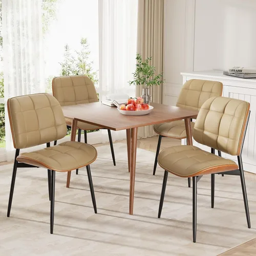 Miniatura 11 de Silla de comedor, moderna de mediados de siglo con cojín grueso, sillas de cocina tapizadas de piel sintética con respaldo de madera curvada de Beige