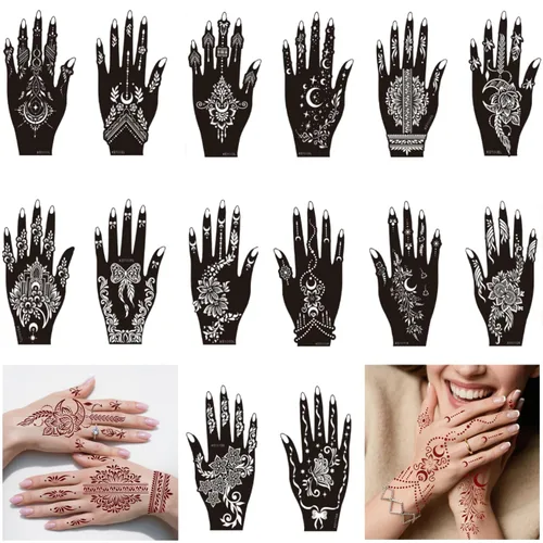 Miniatura 3 de XMASIR 20 hojas de plantillas de tatuaje de henna para mano, plantillas temporales de tatuaje de aerógrafo, calcomanías de tatuaje árabe, plantillas