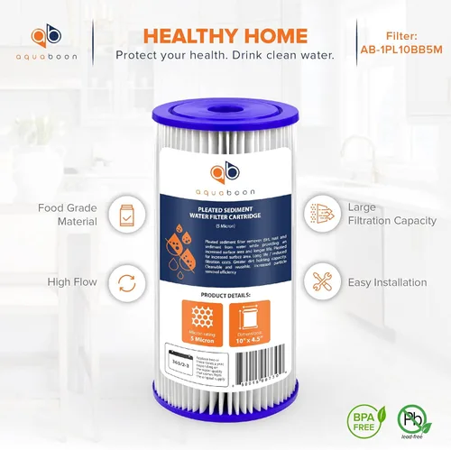 Miniatura 4 de Aquaboon Filtro de agua de sedimento plisado de 5 micrones, cartucho de 10 x 4.5 pulgadas, repuesto para filtro de agua para toda la casa, cartuchos