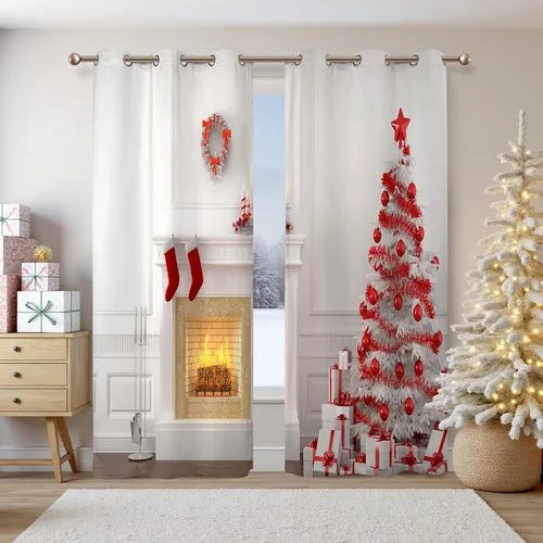 Miniatura 20 de Renaiss Cortinas opacas de Navidad con tablones de madera rústica para dormitorio, con ojales, estampado de copos de nieve navideños, cortinas
