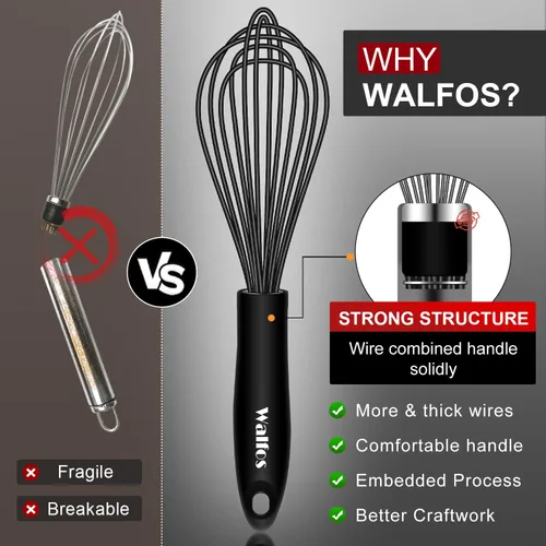 Miniatura 2 de Walfos Batidor de silicona, batidor de alambre de acero inoxidable, juego de 3 batidores de cocina resistentes al calor a 480 °F para utensilios