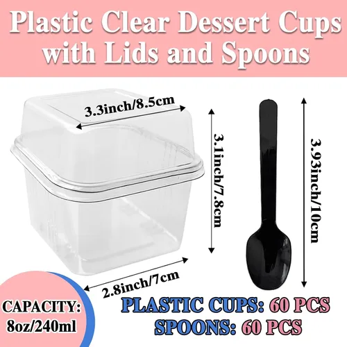 Miniatura 2 de Alaeseje Paquete de 60 tazas de plástico de postre de 8 onzas con tapas y cucharas, recipientes cuadrados para parfait desechables con tapa