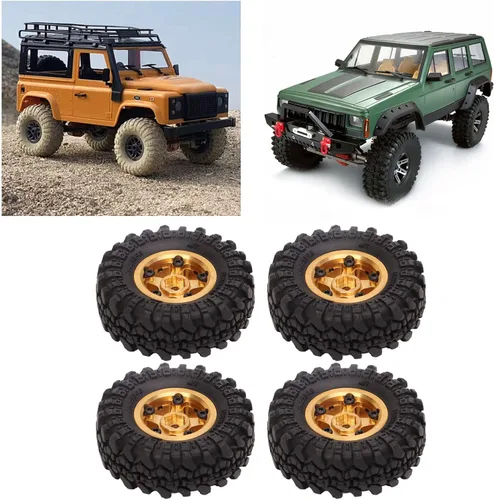 Miniatura 9 de VGEBY Ruedas de coche RC, neumáticos RC de 1 pulgada, cubo de rueda de latón, neumáticos de automóvil RC para FCX24 118 124 Crawler 4 piezas (dorado)