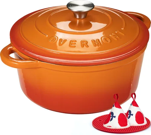 Miniatura 22 de Overmont Horno holandés de hierro fundido esmaltado, olla de 5.5 cuartos de galón con tapa de asas anchas, libro de cocina y agarraderas de algodón