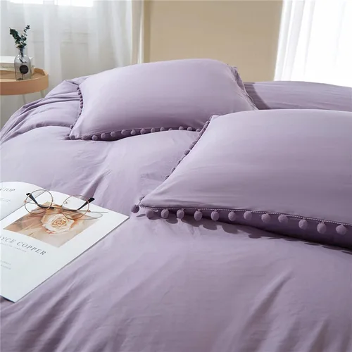 Miniatura 3 de ETDIFFE Juego de funda de edredón con pompones, color lavanda, tamaño individual, juego de funda de edredón de microfibra bohemio bohemio de 2