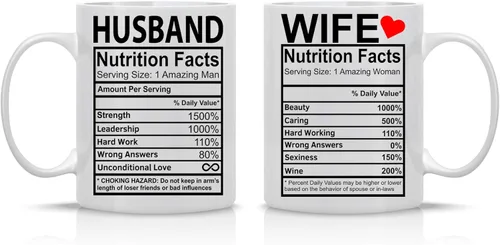 CBTwear Datos nutricionales del marido y la esposa – Taza de café de cerámica de 11 oz para parejas, divertidas tazas de aniversario para marido y