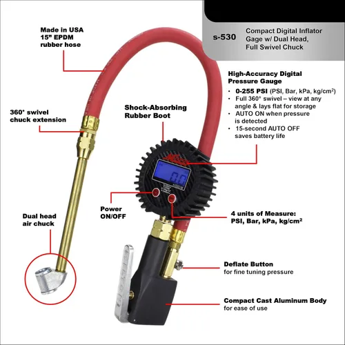 Miniatura 4 de Milton S-530 Inflador de neumáticos digital compacto con manómetro, 255 PSI, mandril de aire de doble cabezal, manguera de 15 ", dial de 2.5