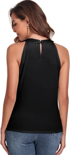 Miniatura 4 de Fenyong Camiseta sin mangas con cuello halter de lentejuelas para mujer, elegante, brillante, para fiesta, club, concierto, cóctel, camisola