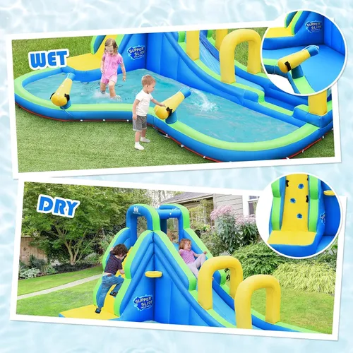 Miniatura 8 de OLAKIDS Tobogán acuático inflable, parque acuático 5 en 1, casa de rebote con tobogán de pared de escalada, piscina, borde de baloncesto, 2 pistolas