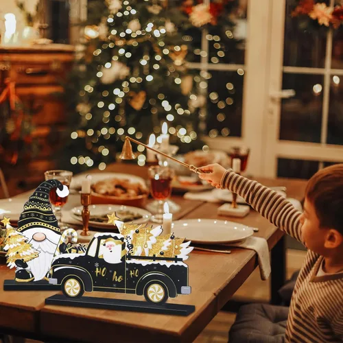 Miniatura 5 de Capoda 6 piezas de decoración de mesa de Navidad, centros de mesa de Navidad de madera, muñeco de nieve, Papá Noel, gnomo, letreros de Feliz