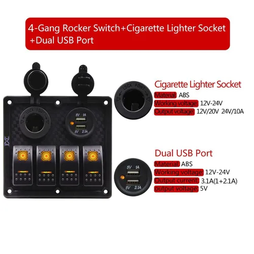 Miniatura 2 de FXC Panel de interruptor basculante impermeable naranja para botes marinos de 4 bandas con doble ranura USB, enchufe para encendedor de cigarrillos