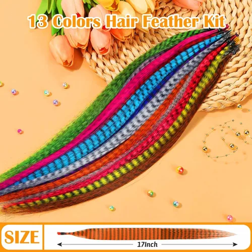 Miniatura 4 de Kit de 65 piezas de plumas para el cabello con herramientas para extensiones de cabello, kit de extensiones de plumas de cabello sintético largo