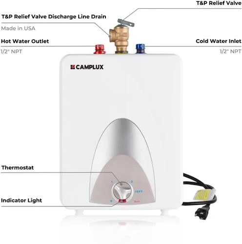 Miniatura 7 de CAMPLUX - Calentador de agua eléctrico de 2.5 galones (ME25), elimina el tiempo de agua caliente, montaje en estante, pared o piso, listado UL