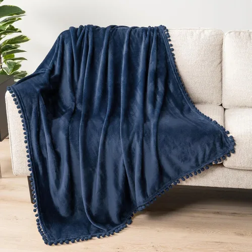 Miniatura 2 de PAVILIA Manta de forro polar para sofá con flecos de pompones, azul marino, manta de franela suave y acogedora para sofá cama, manta de felpa ligera