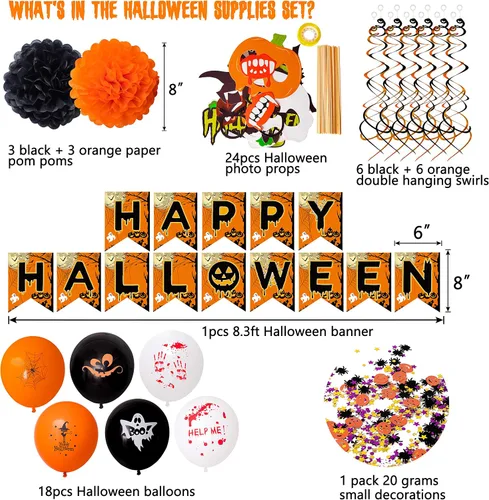 Miniatura 3 de Juego de 62 decoraciones de fiesta de Halloween, accesorios de cabina de fotos de Hallowmas, globos, pompones, espirales colgantes, remolinos