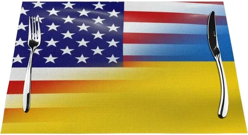 Bandera estadounidense y bandera ucraniana, resistente al agua, paquete de 4 manteles individuales tejidos de PVC, diseño elegante, fácil protección
