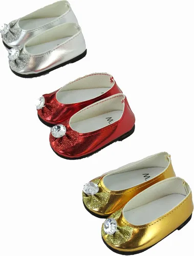 Miniatura 2 de American Fashion World Zapatos planos con lazo de diamante metálico rosa intenso, lavanda y verde azulado para muñecas de 14 pulgadas, paquete de 3