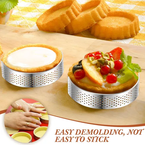 Miniatura 6 de Mumufy 20 anillos de tarta perforados redondos de acero inoxidable para hornear, anillos redondos de metal antiadherentes para pastelería, postre