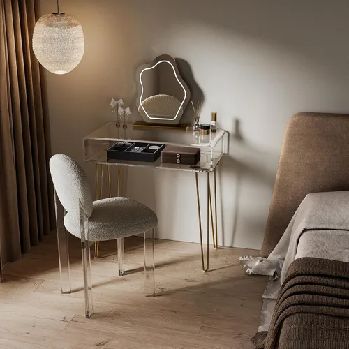 Miniatura 2 de Eglaf - Escritorio de acrílico para tocador, pequeña mesa de maquillaje con patas de metal dorado Clear Dressing Table for Bedroom, Dressing Room