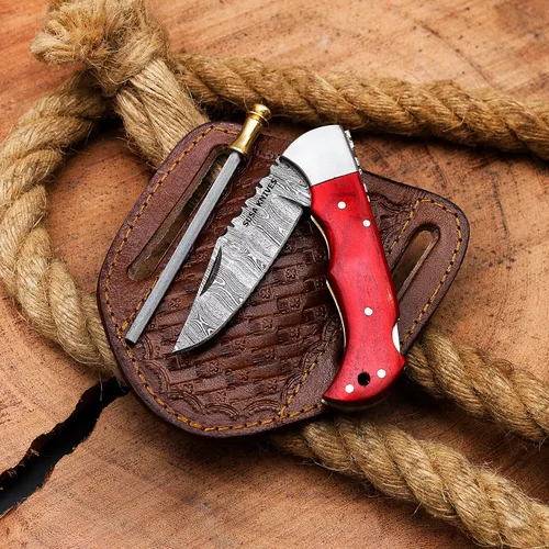 Cuchillo de bolsillo de acero de Damasco, cuchillos de vaquero hechos a mano para exteriores, camping, senderismo, hoja de bloqueo trasera, cuchillo