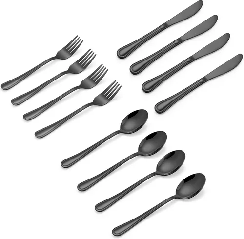 LIANYU Juego de cubiertos negros de 12 piezas para niños pequeños, de acero inoxidable, para 4 personas, incluye cuchillo y tenedor, cuchara con