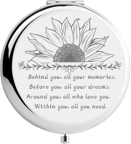 CREATCABIN Behind You All Your Memories - Espejo de bolsillo compacto de viaje de girasol con cita inspiradora, regalo plegable de dos caras, regalo
