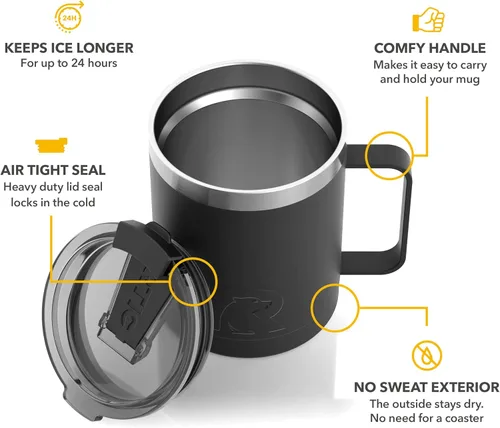 Miniatura 5 de RTIC Taza de café con asa, 12 onzas, color negro, portátil de viaje térmico para campamento, aislada al vacío con tapa, acero inoxidable, a prueba