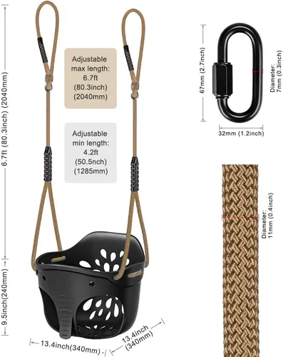 Miniatura 6 de SELEWARE Asiento de columpio para niños pequeños con respaldo alto de cubeta completa de servicio pesado con mosquetones de bloqueo y cuerda