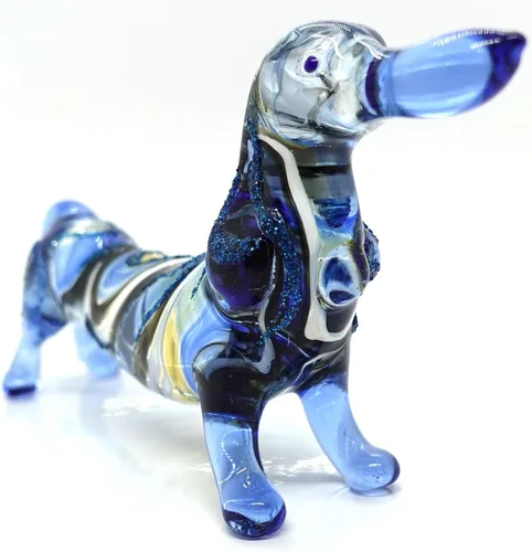 Miniatura 3 de Figuras en miniatura de perro salchicha soplado a mano, arte de animales coleccionables, regalo para decoración del hogar (4 pulgadas, azul negro)