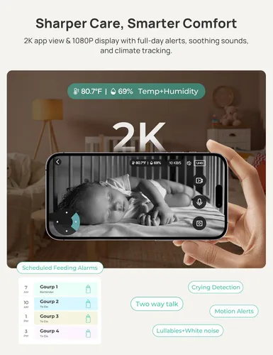 Miniatura 6 de Dr.Care VistaView Monitor inteligente WiFi de 5 pulgadas para bebé, control de aplicación de cámara 2K y pantalla dividida de 1080P, detección