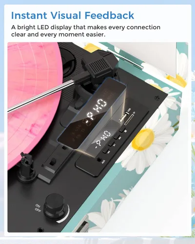 Miniatura 2 de Tocadiscos de vinilo Bluetooth con altavoces integrados, tocadiscos portátil vintage de 3 velocidades con auriculares de grabación USB/conector