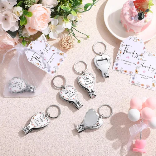 Miniatura 4 de Wesiti 25 juegos de llaveros para baby shower para invitados Baby in Bloom con cortaúñas y abridor de botellas, tarjeta de agradecimiento y bolsa