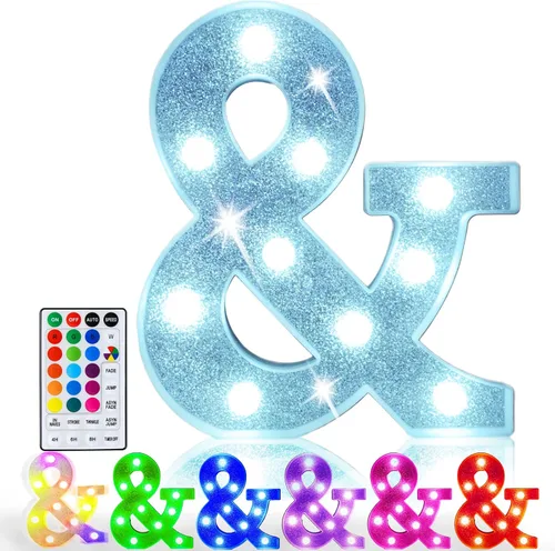 Pooqla Letras iluminadas coloridas, letrero de marquesina LED que funciona con pilas, lámpara de 18 colores con control remoto para fiesta de