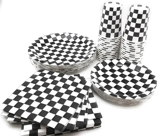 Miniatura 4 de Sirve para 30 Paquete esencial de fiesta Cuadros en blanco y negro Platos de papel de cena de 9 pulgadas Platos de papel de postre de 7