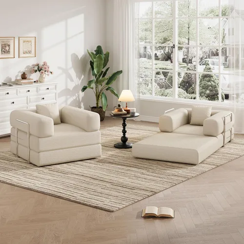 Miniatura 9 de Sofá individual para espacios pequeños, sofá convertible 2 en 1, cómodo puf para adultos con funda extraíble con almohadas para dormitorio, Beige