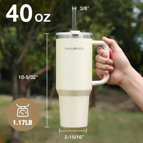 Miniatura 3 de HAUSHOF Vaso de 40 onzas con asa y pajita, vaso de café aislado de acero inoxidable con tapa Tritan, taza de viaje de doble pared, botella de agua