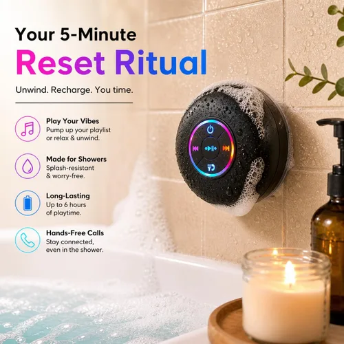 Miniatura 8 de Altavoz de ducha Bluetooth con LED – Altavoz mini inalámbrico portátil con micrófono y ventosa, resistente al agua IPX4 para ducha, viaje, piscina