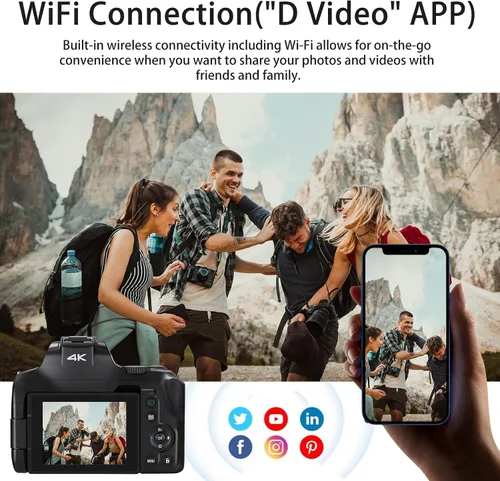 Miniatura 9 de Cámara digital 4K para fotografía y video, cámara de zoom óptico 12X con pantalla abatible, pantalla táctil WiFi de 64 MP con flash, tarjeta de 64