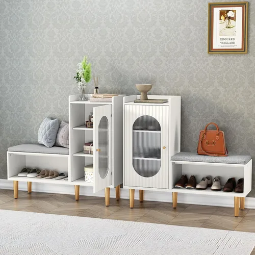 Miniatura 12 de HLR Banco de almacenamiento con puerta y estante de cristal, moderno banco de zapatos de entrada con asiento acolchado, armario de almacenamiento