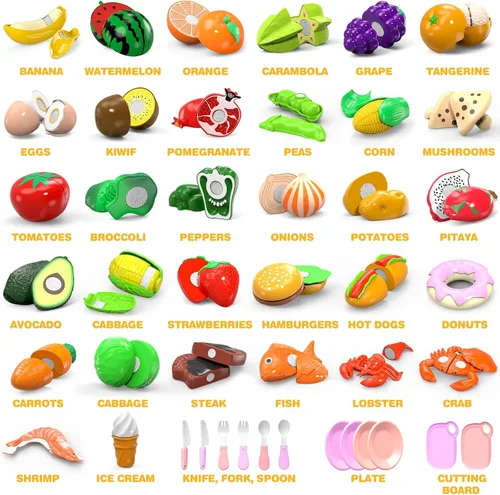 Miniatura 2 de Juego de 94 piezas de alimentos de corte para cocina infantil (45 artículos), comida de juego de simulación con cesta de la compra, accesorios