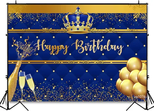 Miniatura 3 de InMemory Telón de fondo de cumpleaños azul real y dorado para hombres, corona dorada, globos de champán, fondo de feliz cumpleaños, para niños