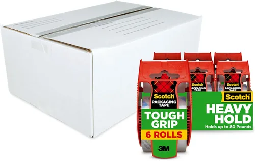 Scotch Cinta de embalaje Tough Grip, 1.88 pulgadas x 22.2 yardas, 6 rollos con dispensadores + cajas de correo y almacenamiento Scotch de 14 x 10