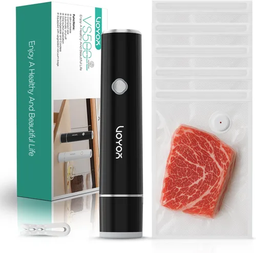 VOYOR Sellador al vacío de mano para conservación y almacenamiento de alimentos, sellador al vacío portátil para alimentos con bolsas de vacío Negro